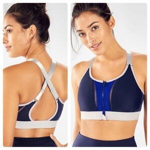 NEW Fabletics Zoe High Impact Sports Bra Front Zip Adjustable Dk Blue Gray Small